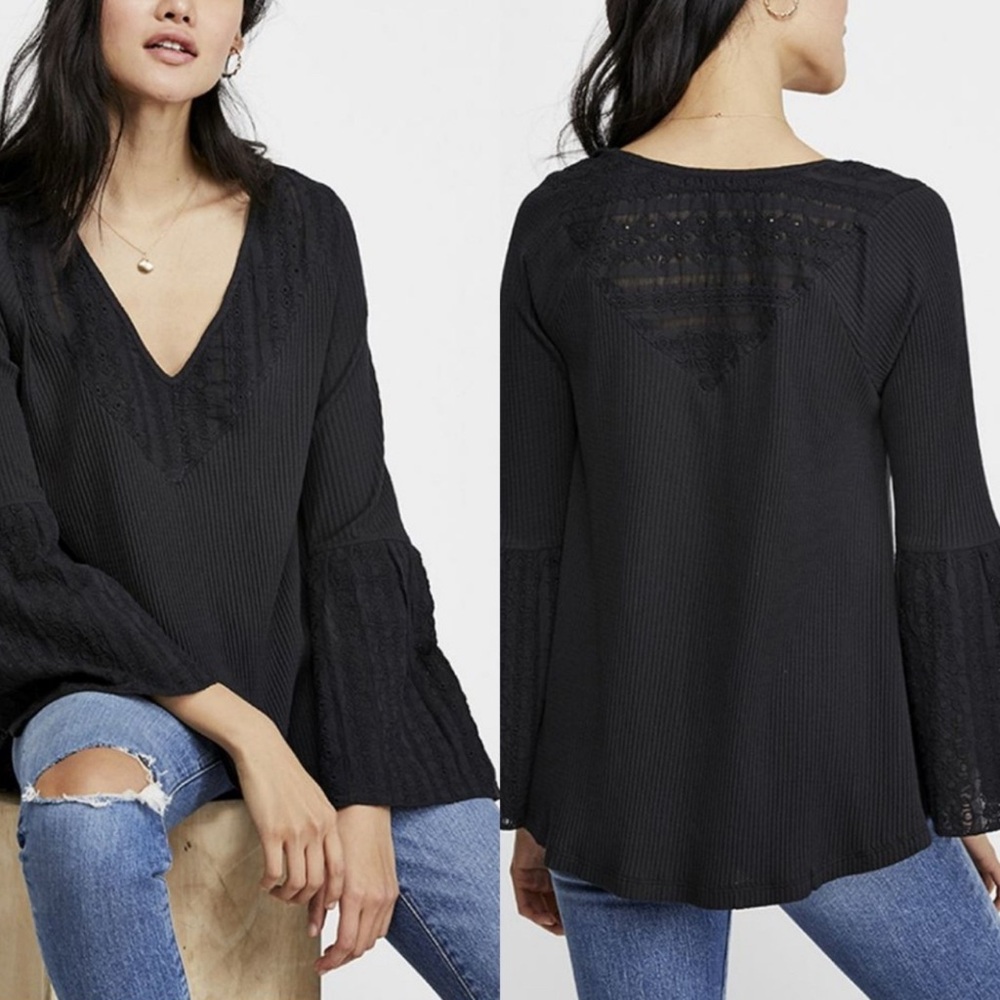 Free People Parisian Nights Waffle Knit Top Women’s Size Medium Long Bell Sleeve